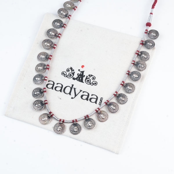 Silver Oxidised Coin Putali Necklace with Red Thread