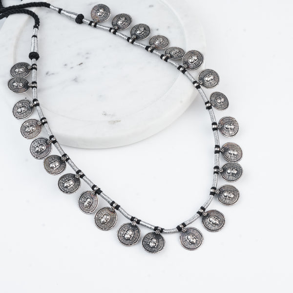 Silver Oxidised Coin Putali Necklace with Black Thread