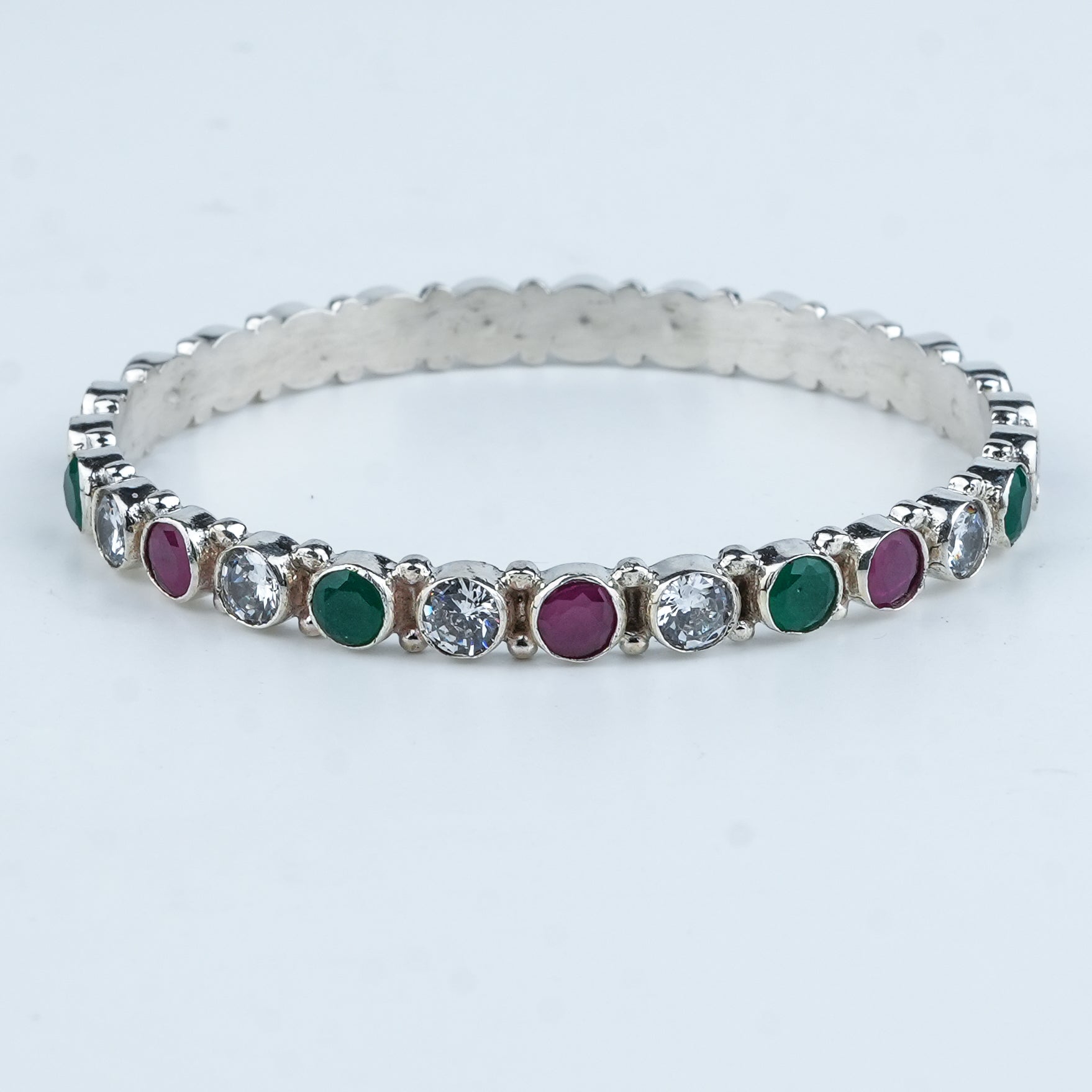Silver Bangle with White, Green & Pink Stone