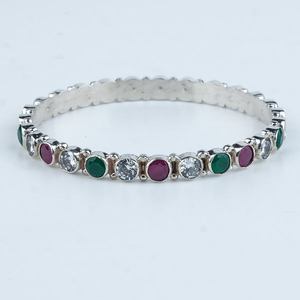 Silver Bangle with White, Green & Pink Stone