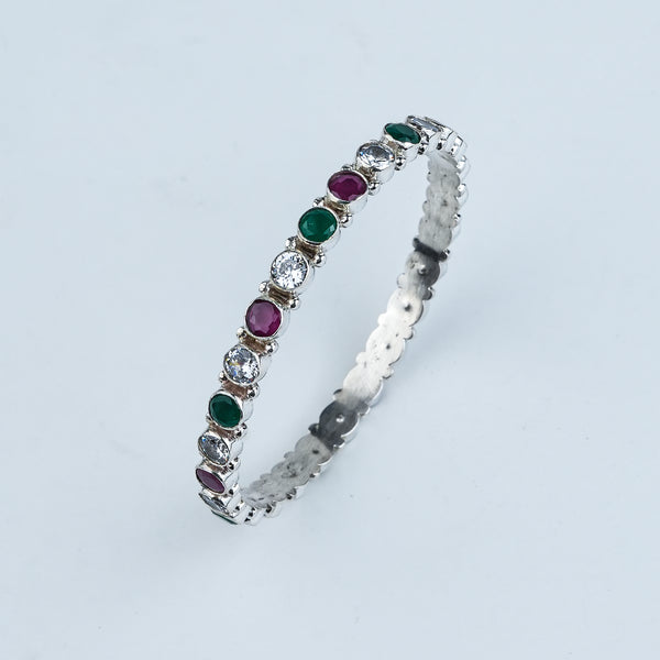 Silver Bangle with White, Green & Pink Stone