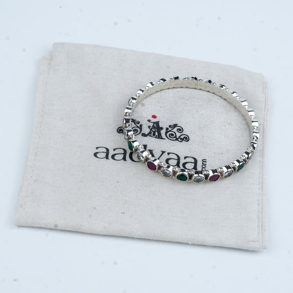 Silver Bangle with White, Green & Pink Stone