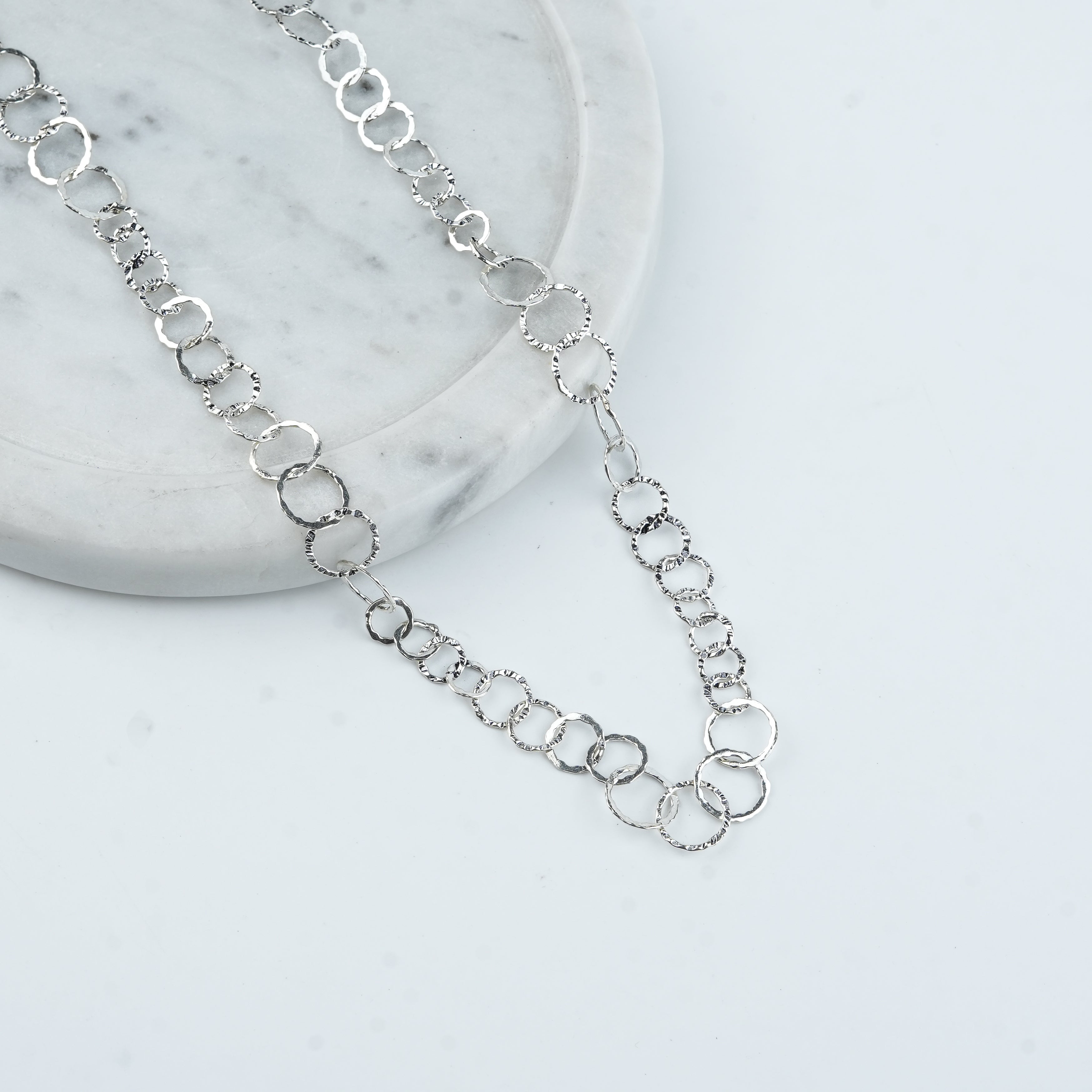 Silver Hammered Circle Chain Long Necklace