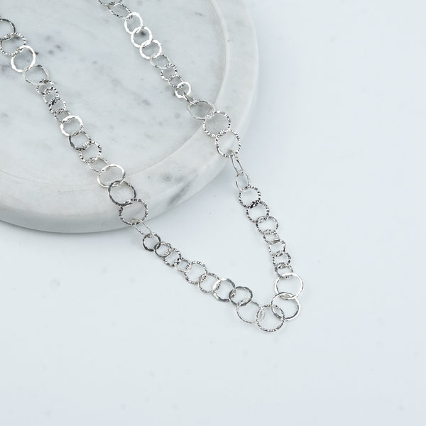 Silver Hammered Circle Chain Long Necklace