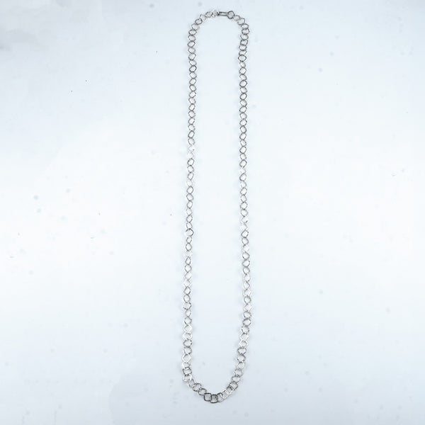 Silver Hammered Square Link Long Necklace