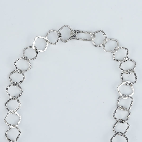 Silver Hammered Square Link Long Necklace