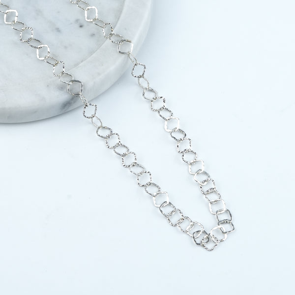 Silver Hammered Square Link Long Necklace