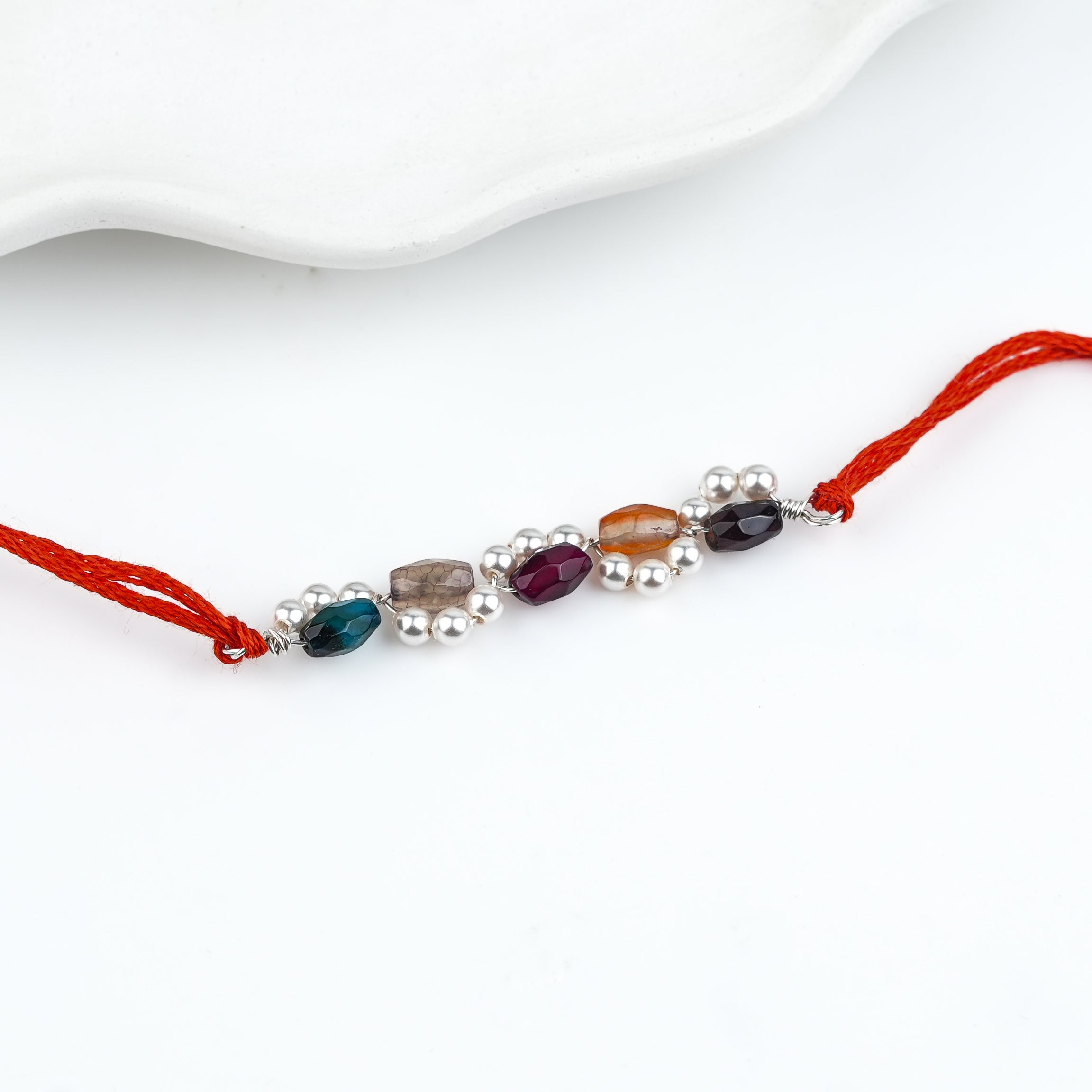 Multicolour Agate & Pearl Handmade Silver Rakhi