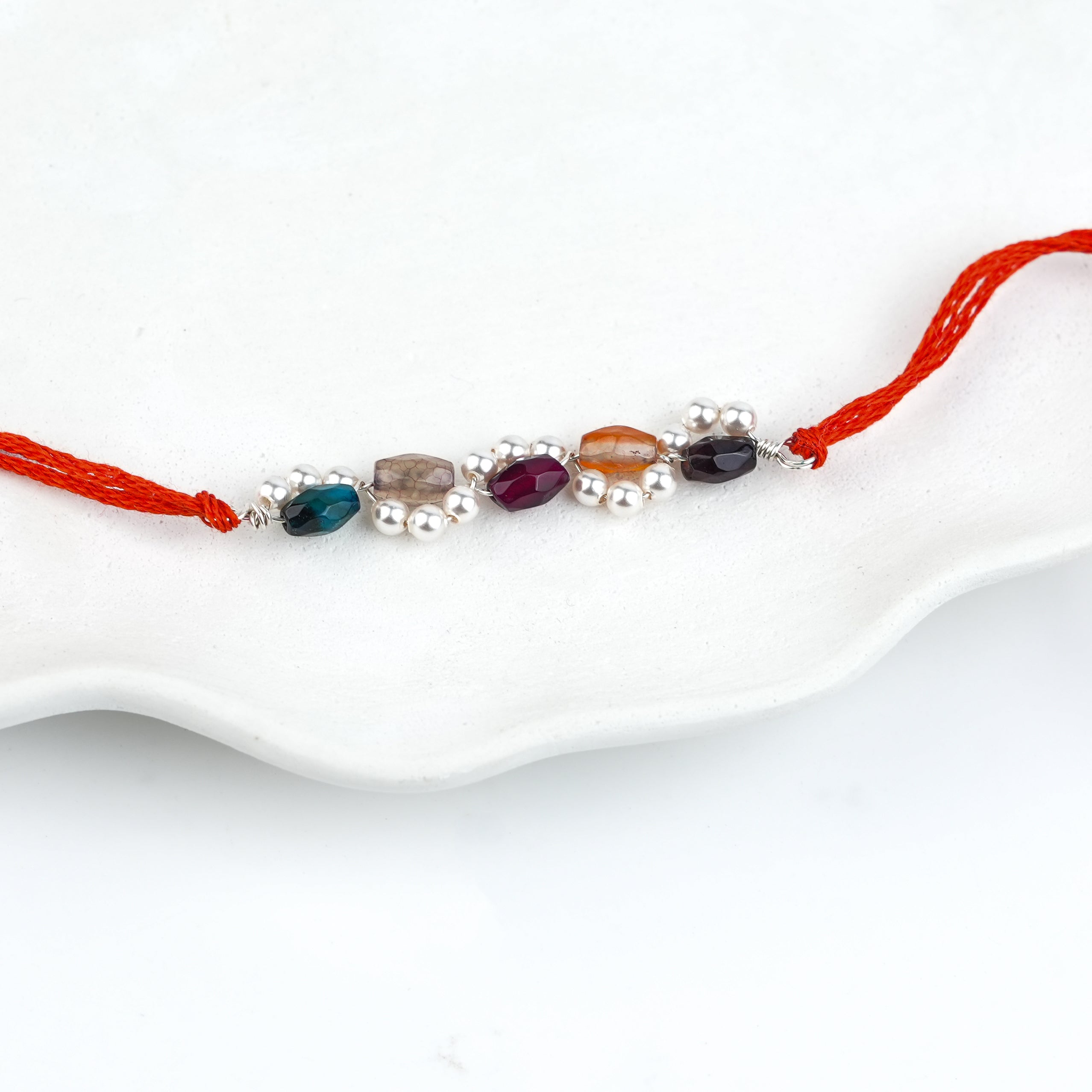 Multicolour Agate & Pearl Handmade Silver Rakhi