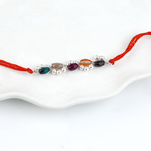 Multicolour Agate & Pearl Handmade Silver Rakhi