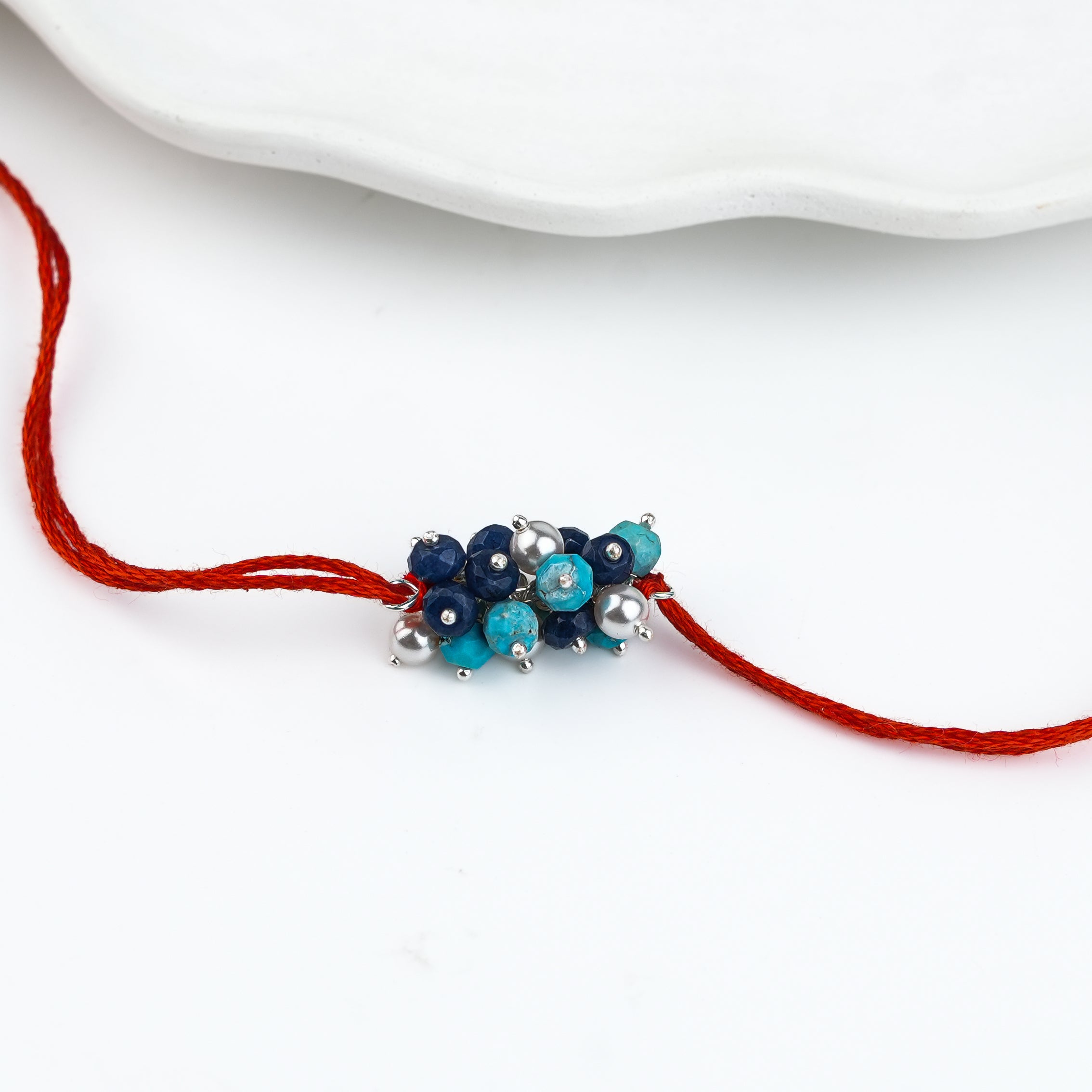 Turquoise, Blue Jade & Pearl Handmade Silver Rakhi