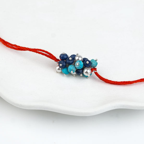 Turquoise, Blue Jade & Pearl Handmade Silver Rakhi
