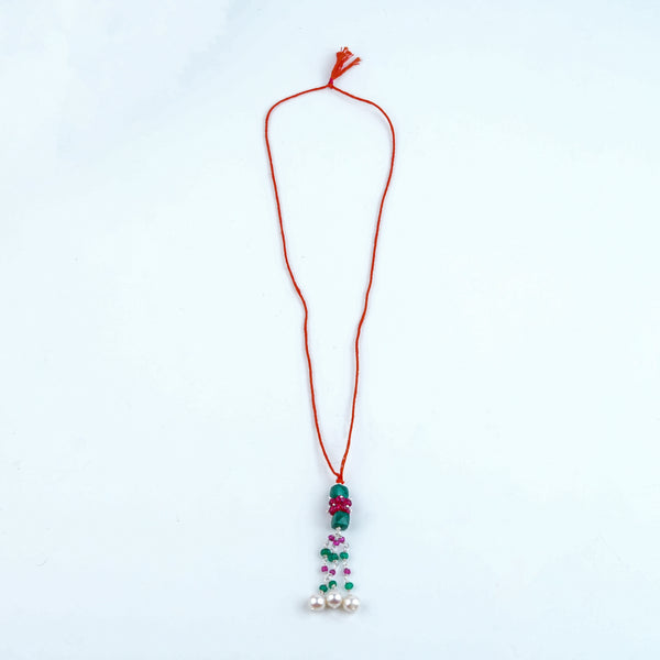 Green Onyx, Rubies & Pearl Handmade Silver Lumba Rakhi