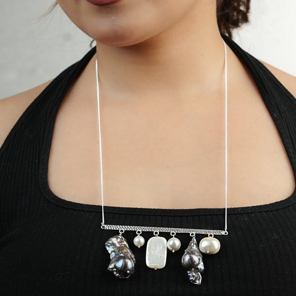 Abstract Pendant Necklace - Black Baroque Pearls and White Pearls (Project Handmade)