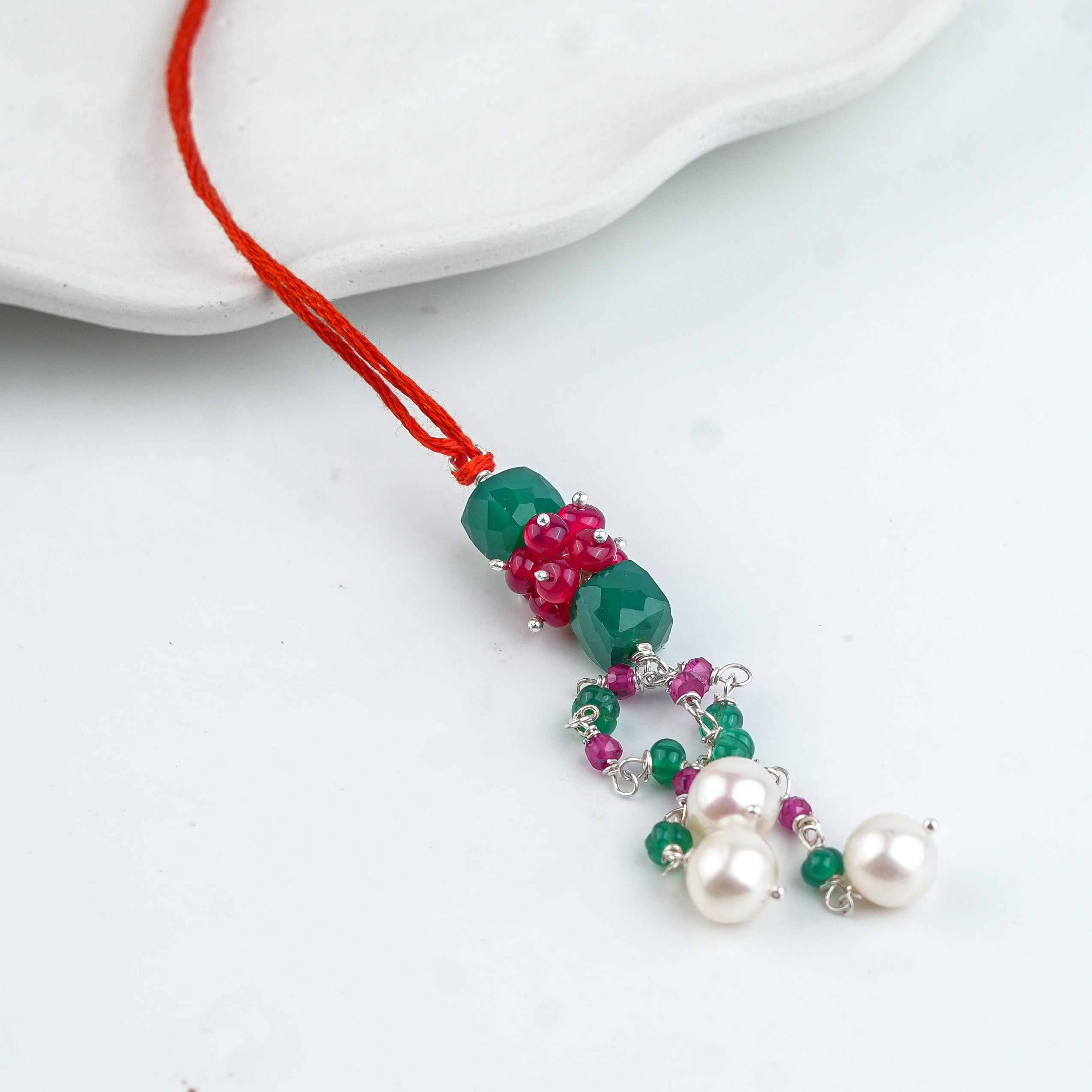 Green Onyx, Rubies & Pearl Handmade Silver Lumba Rakhi