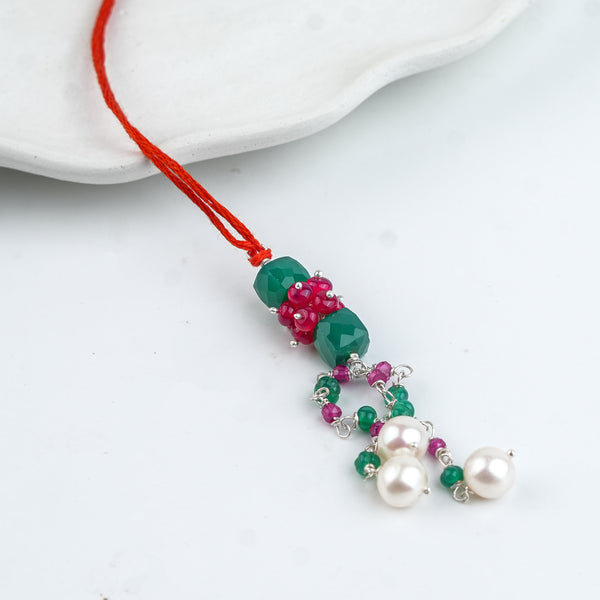 Green Onyx, Rubies & Pearl Handmade Silver Lumba Rakhi