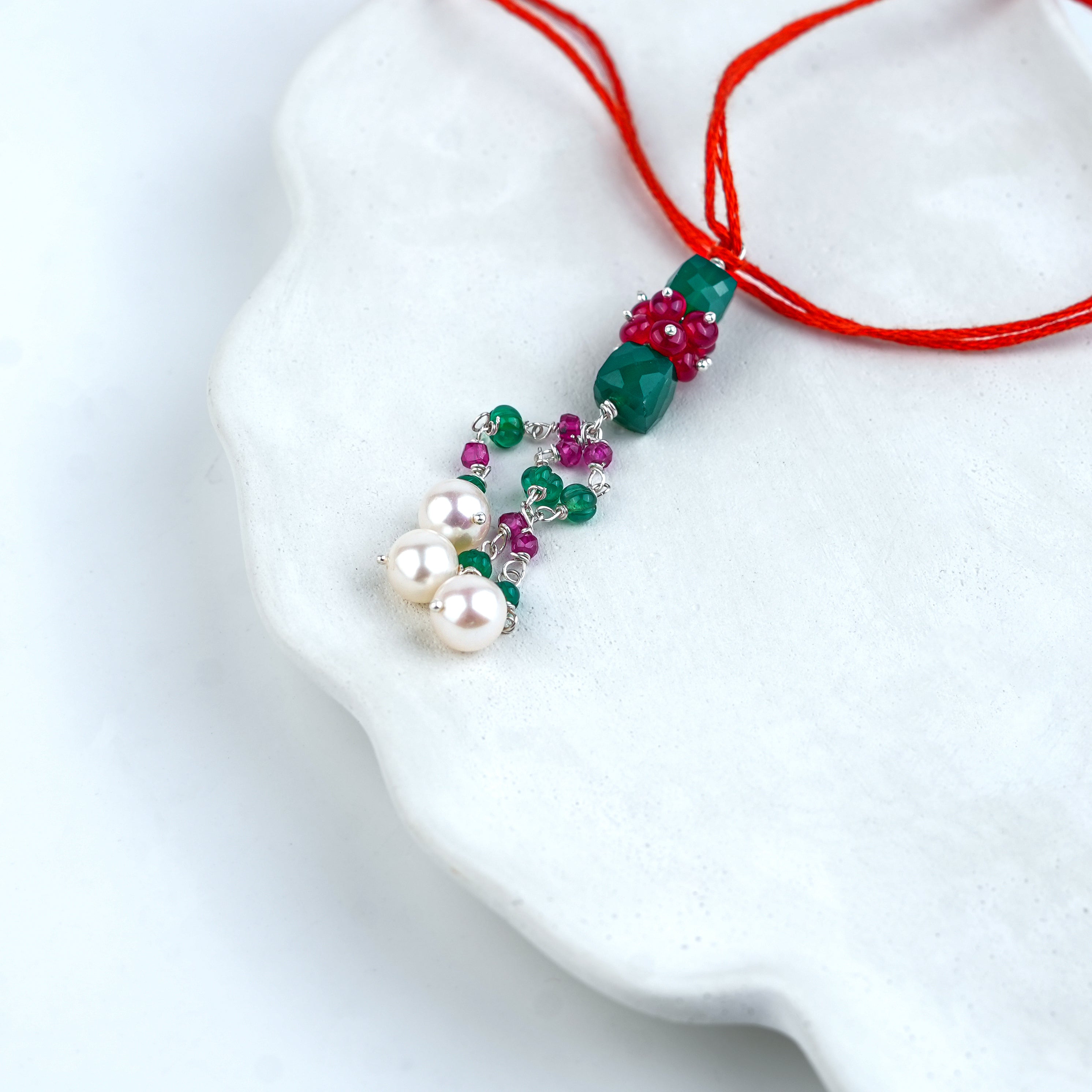 Green Onyx, Rubies & Pearl Handmade Silver Lumba Rakhi