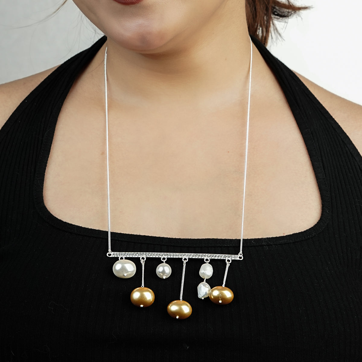 Abstract Pendant Necklace - White And Golden Pearls (Project Handmade)