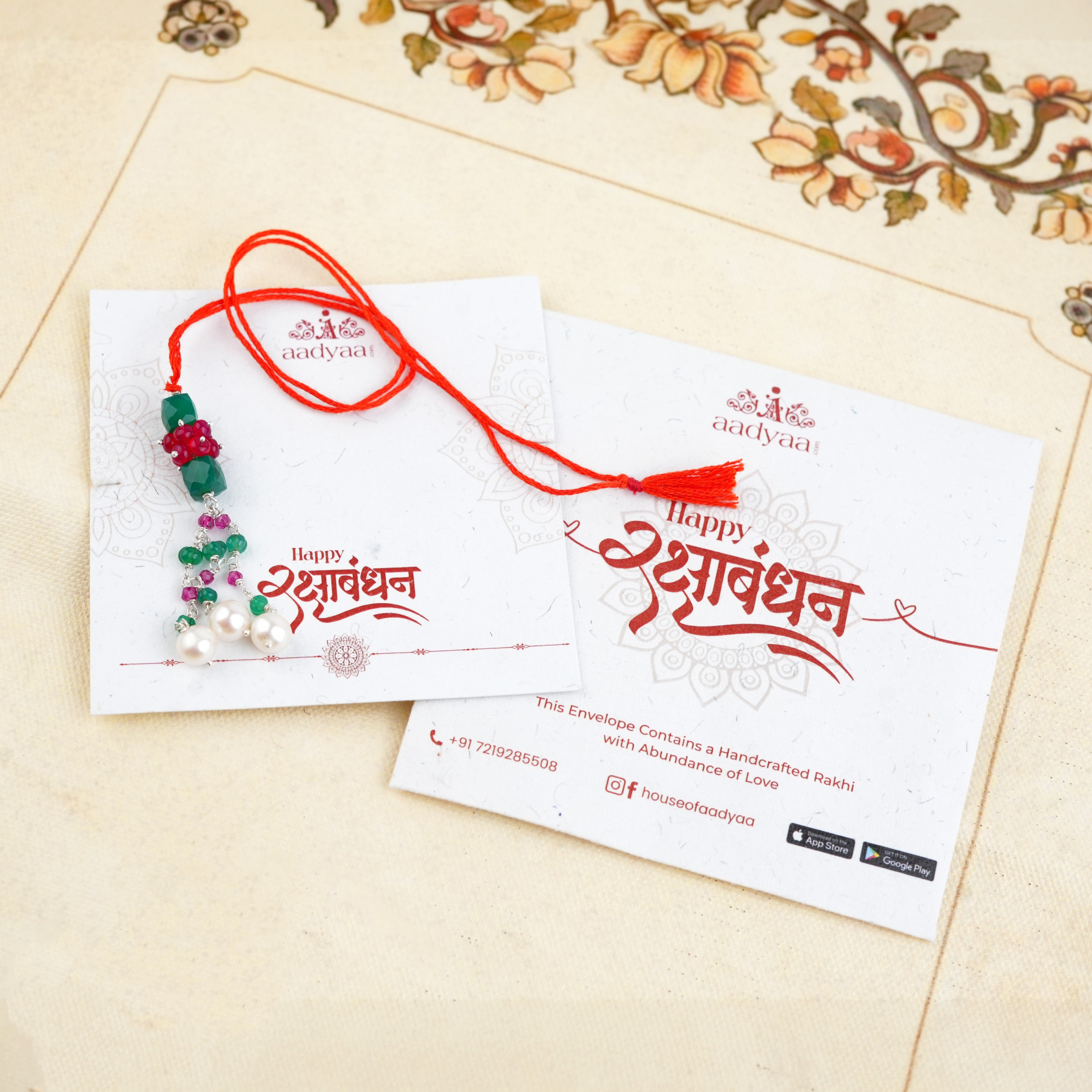 Green Onyx, Rubies & Pearl Handmade Silver Lumba Rakhi