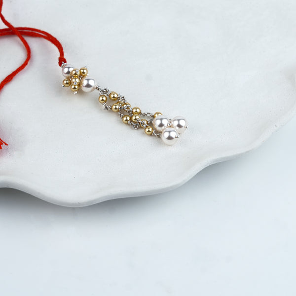 Golden & White Pearl Handmade Silver Lumba Rakhi
