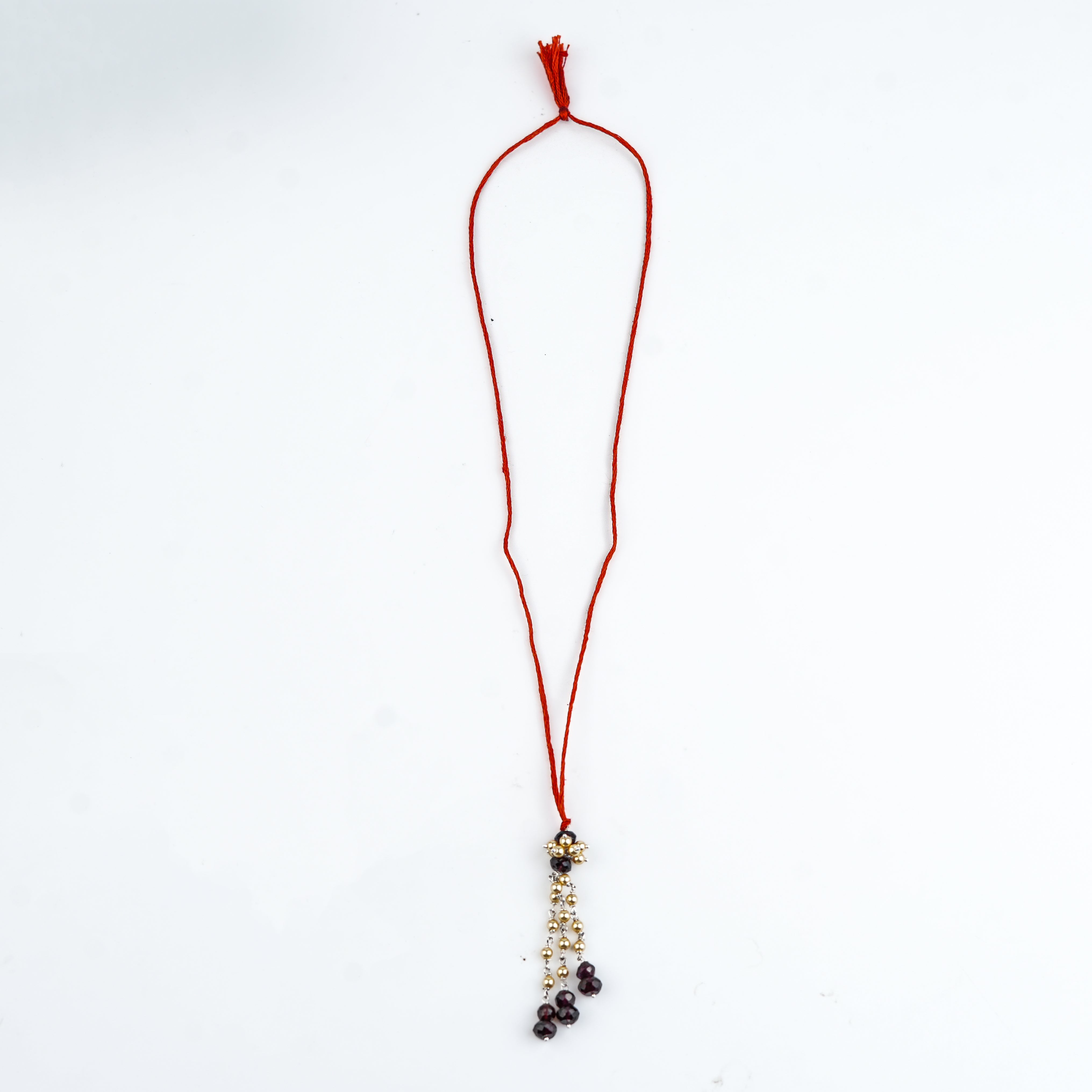 Garnet & Golden Pearl Handmade Silver Lumba Rakhi