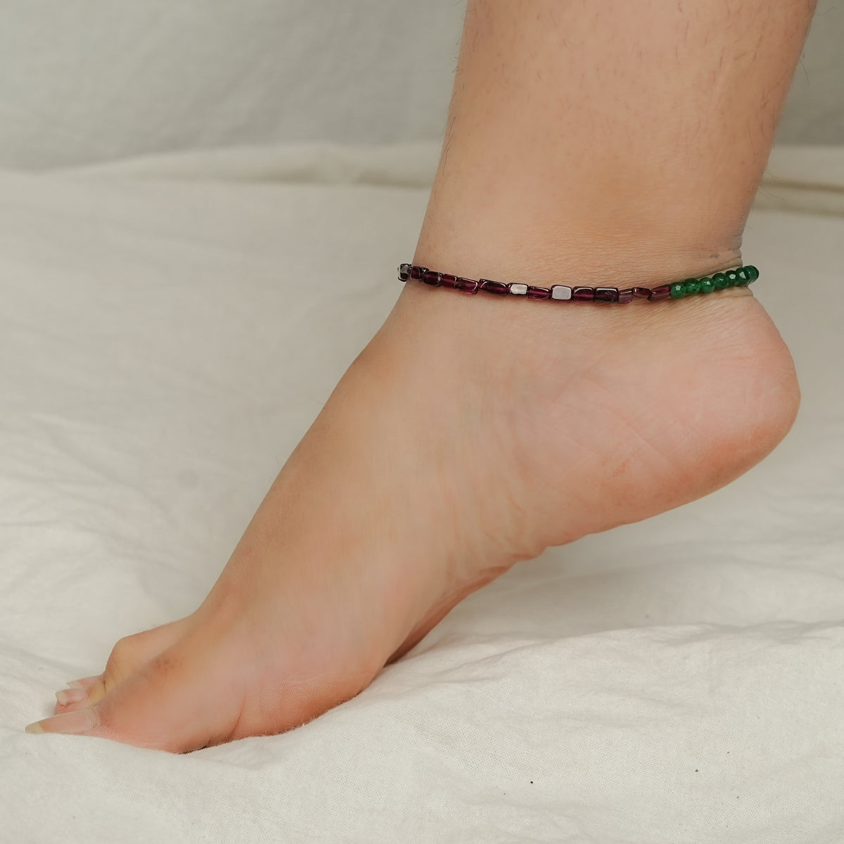 Silver Anklet - Garnet and Green Onyx