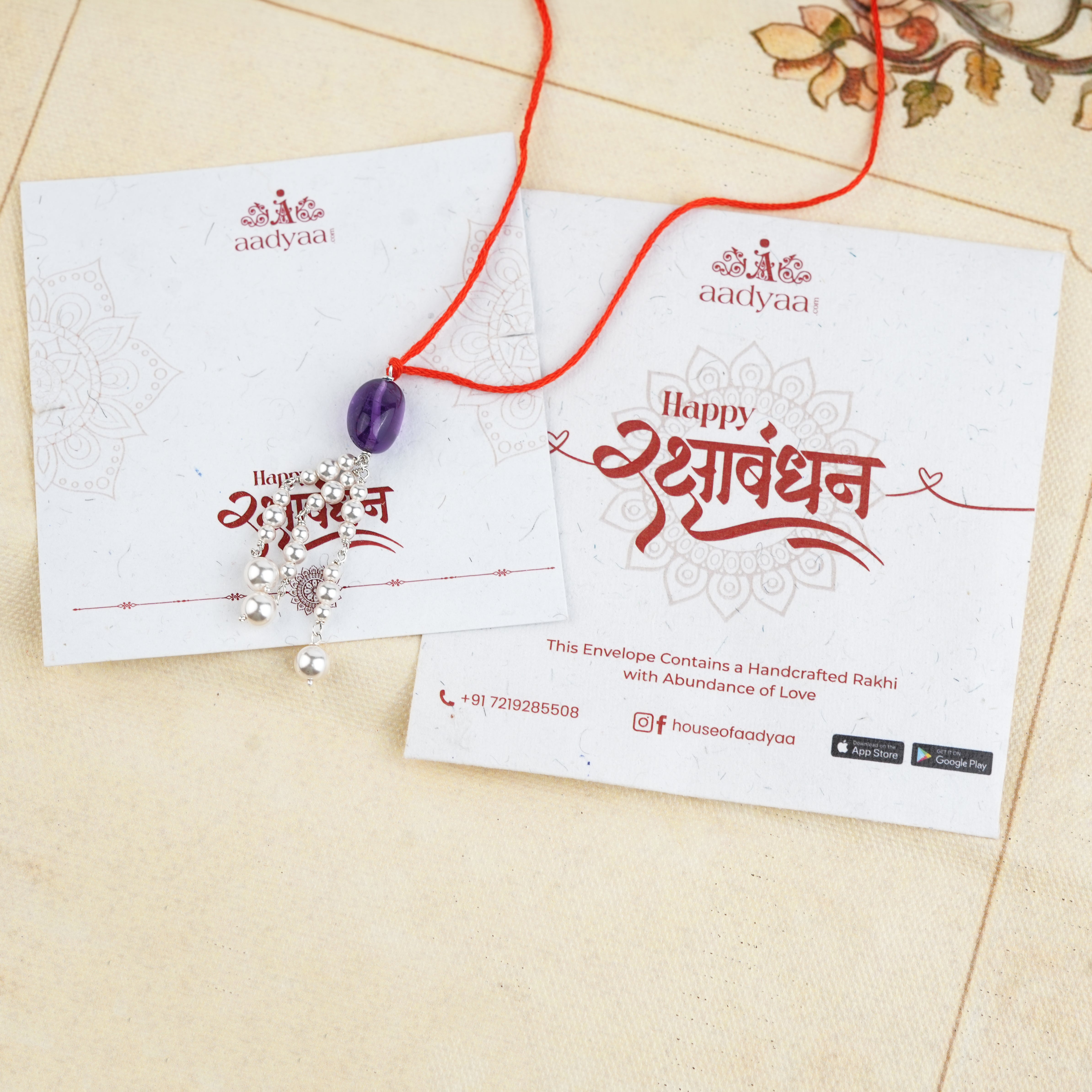 Amethyst & Pearl Handmade Silver Lumba Rakhi