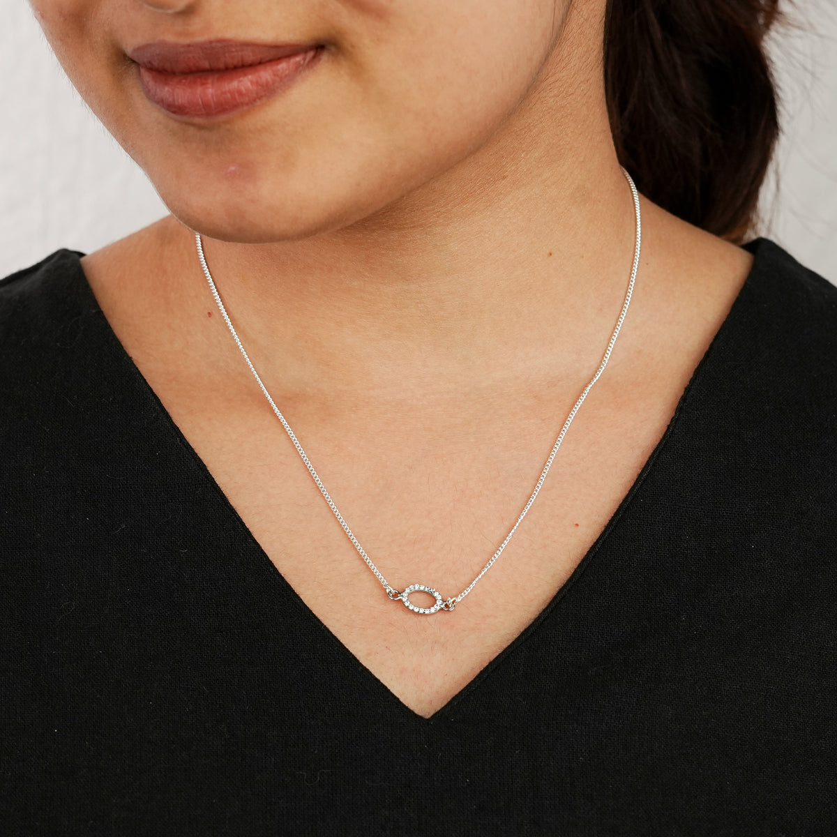 Silver CZ Halo Oval Pendant Necklace