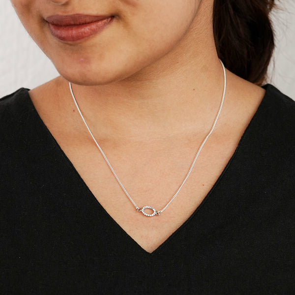 Silver CZ Halo Oval Pendant Necklace