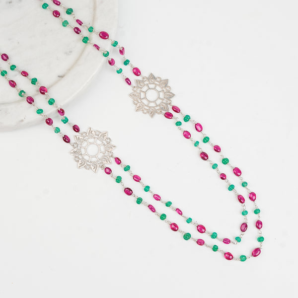 Filigree Pendant, Green Onyx, and Rubies Double Layer Necklace