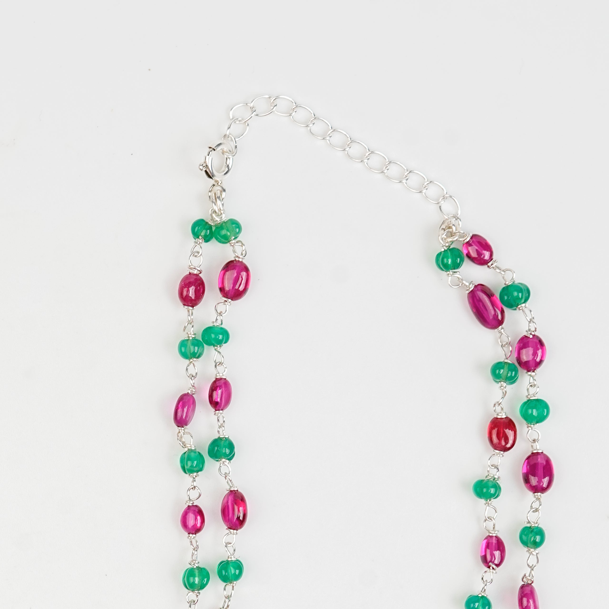 Filigree Pendant, Green Onyx, and Rubies Double Layer Necklace