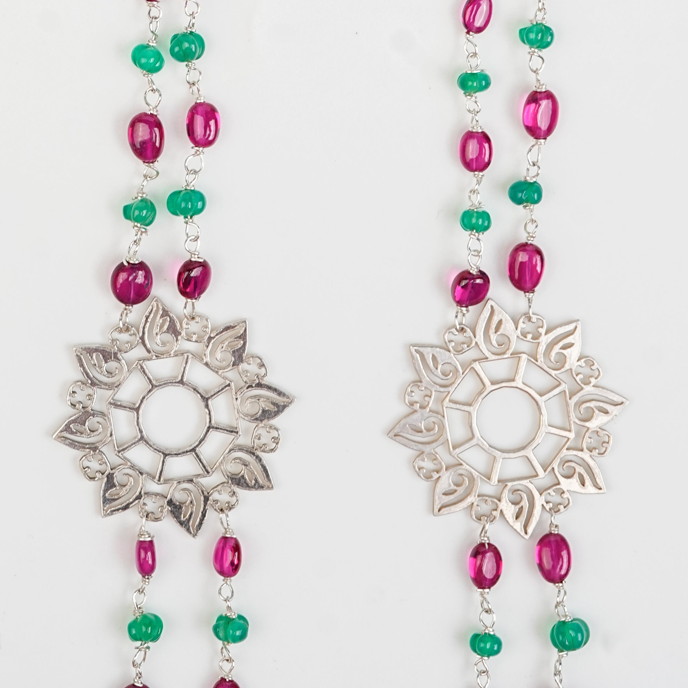 Filigree Pendant, Green Onyx, and Rubies Double Layer Necklace
