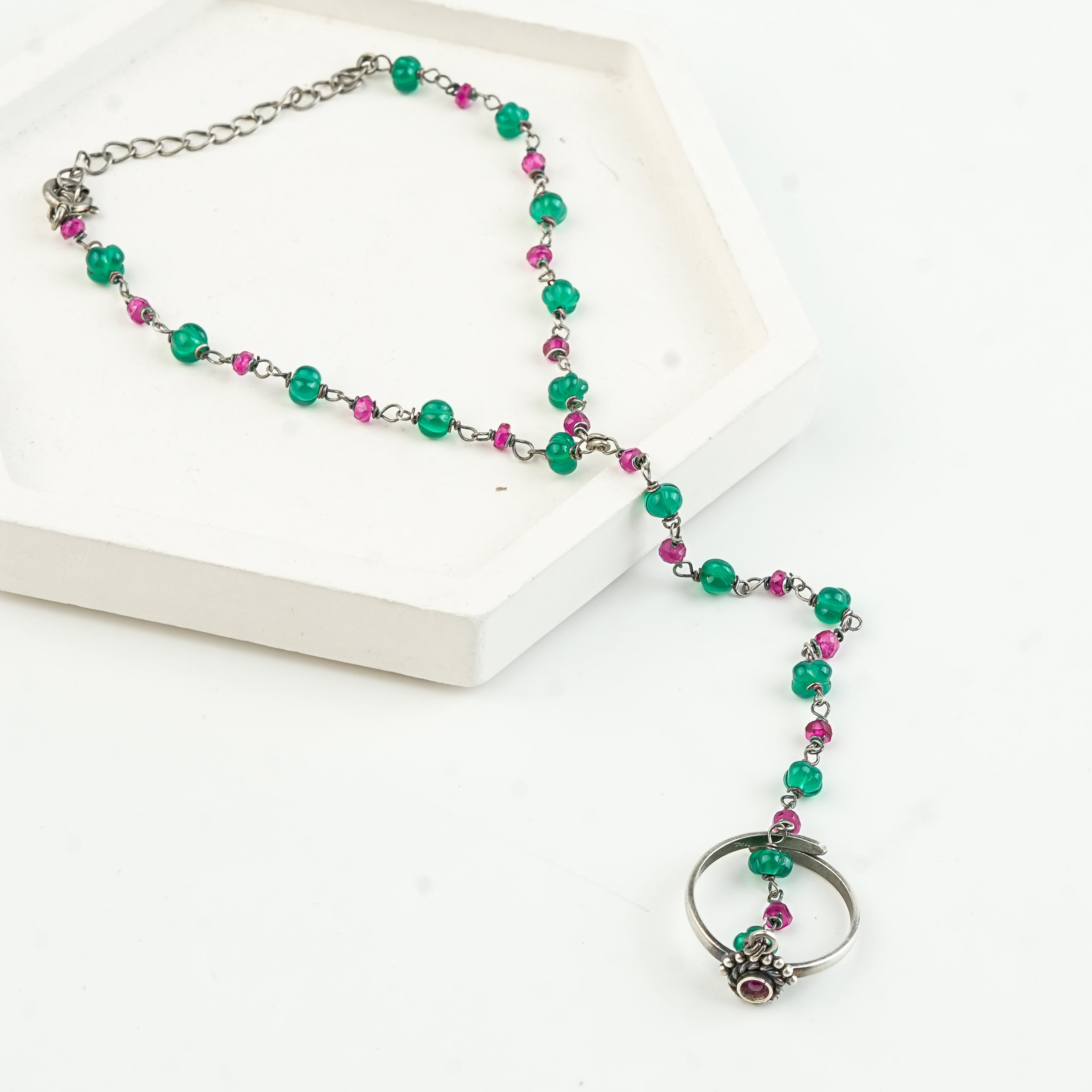 Chandrika, Ruby & Green Onyx Ganthan Haath Phool | 92.5 Sterling Silver