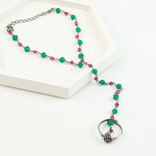 Chandrika, Ruby & Green Onyx Ganthan Haath Phool | 92.5 Sterling Silver