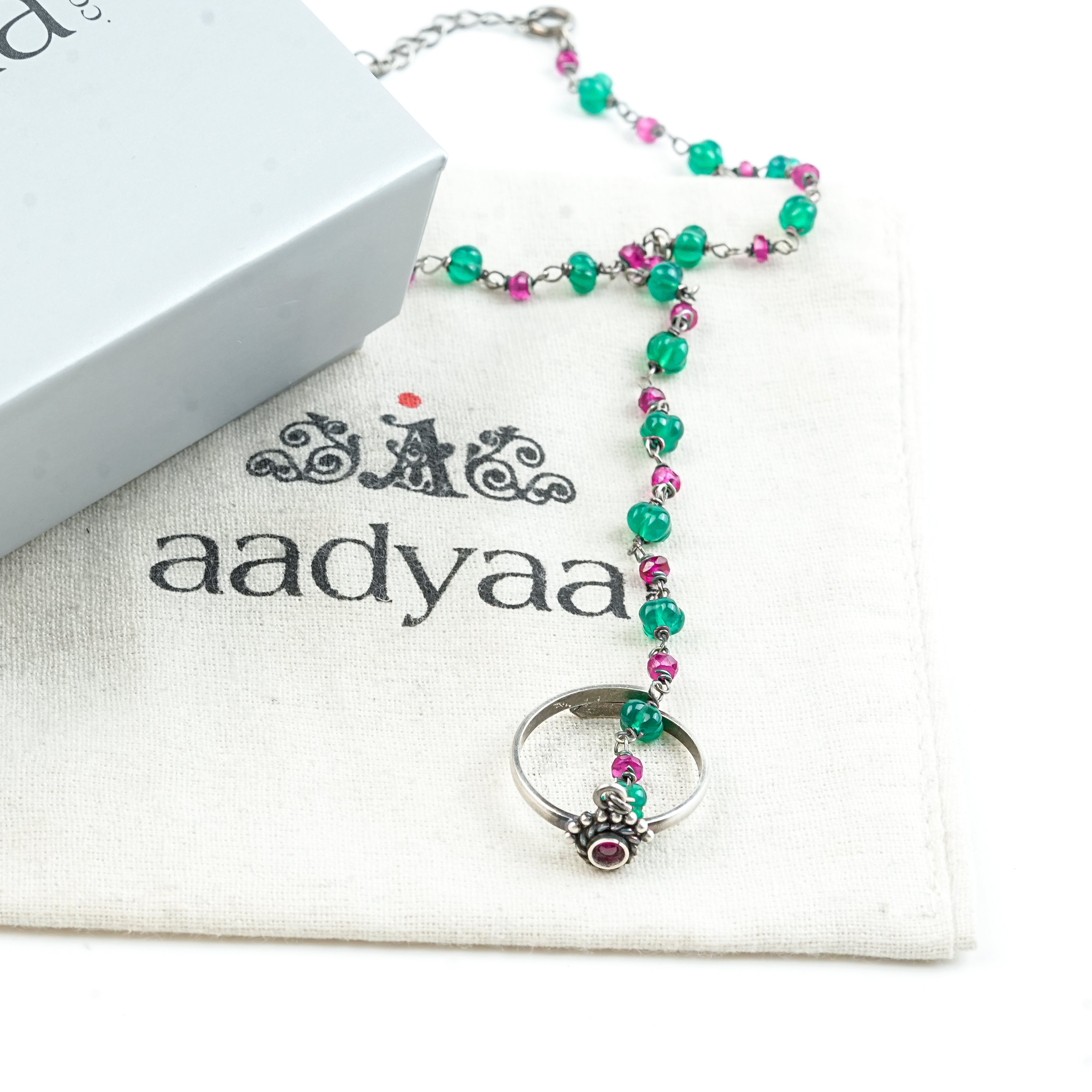 Chandrika, Ruby & Green Onyx Ganthan Haath Phool | 92.5 Sterling Silver