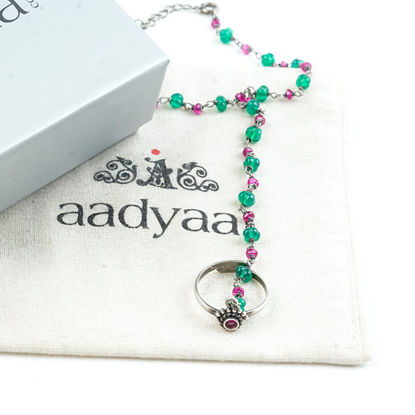 Chandrika, Ruby & Green Onyx Ganthan Haath Phool | 92.5 Sterling Silver