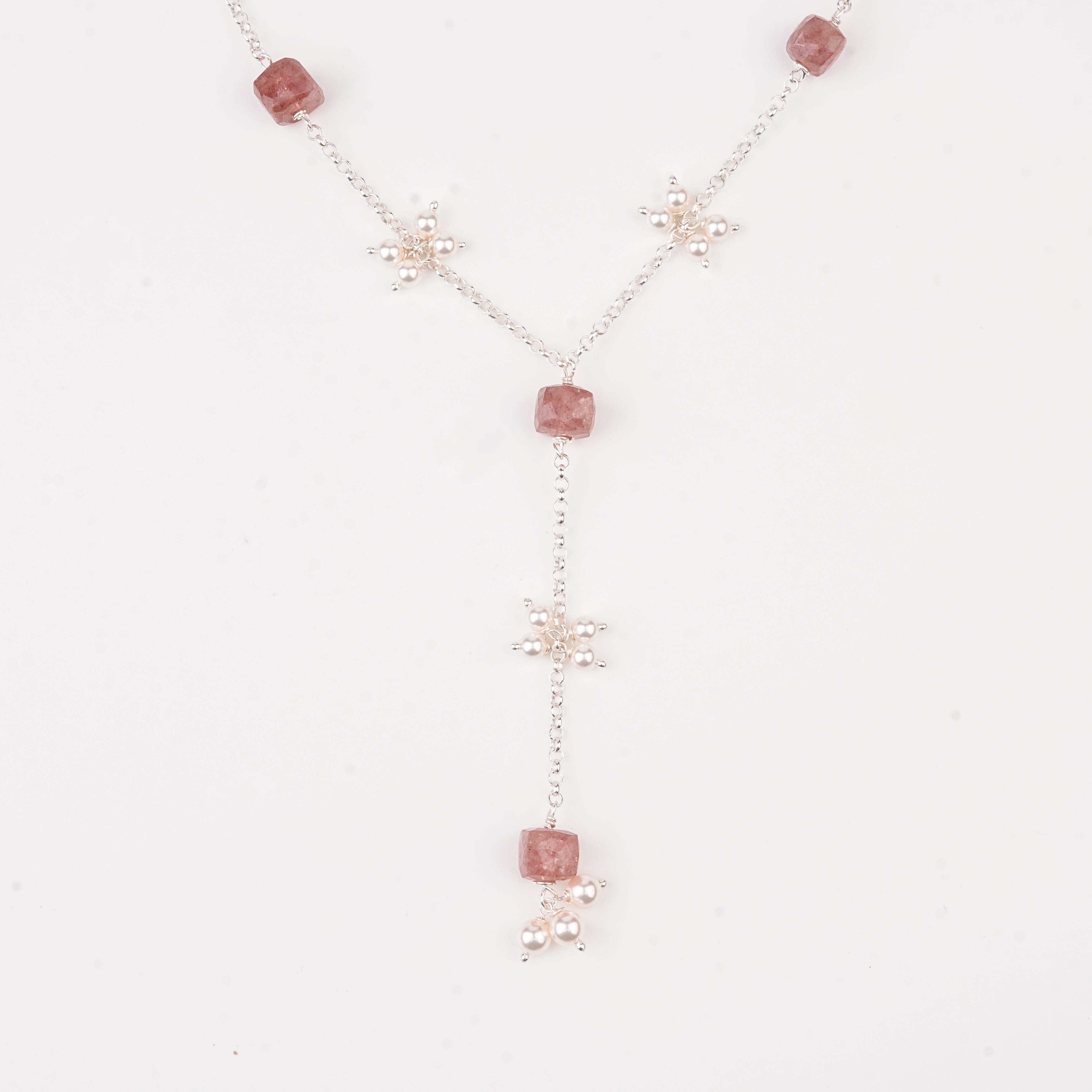 Strawberry Quartz and Pearl Bunch Y Necklace