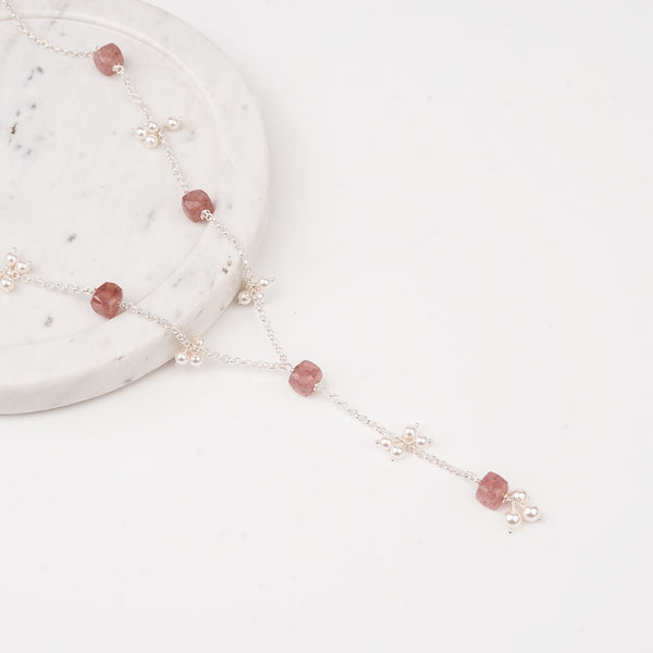 Strawberry Quartz and Pearl Bunch Y Necklace