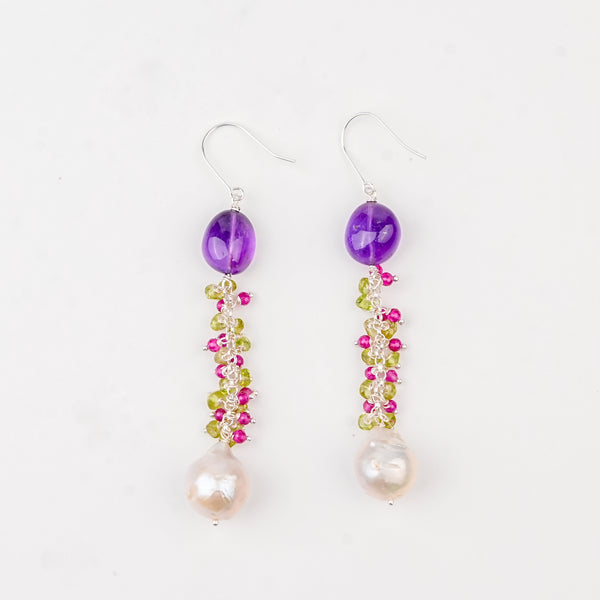 Amethyst, Peridot, Ruby and Baroque Pearl Earrings (Project Handmade)