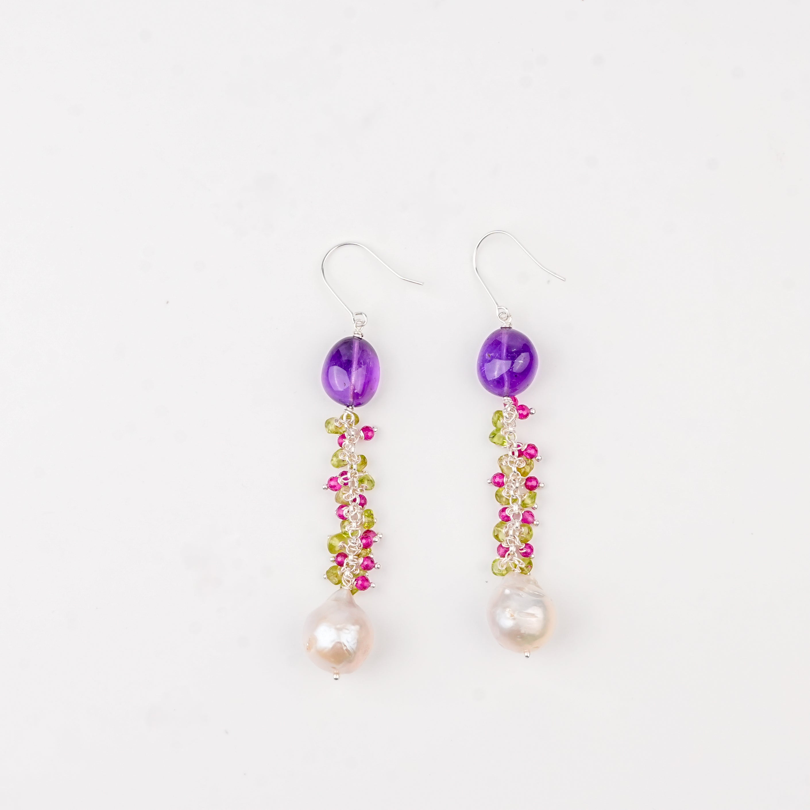 Amethyst, Peridot, Ruby and Baroque Pearl Earrings (Project Handmade)