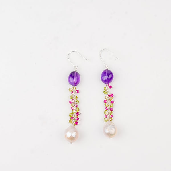 Amethyst, Peridot, Ruby and Baroque Pearl Earrings (Project Handmade)