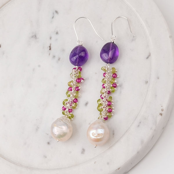 Amethyst, Peridot, Ruby and Baroque Pearl Earrings (Project Handmade)