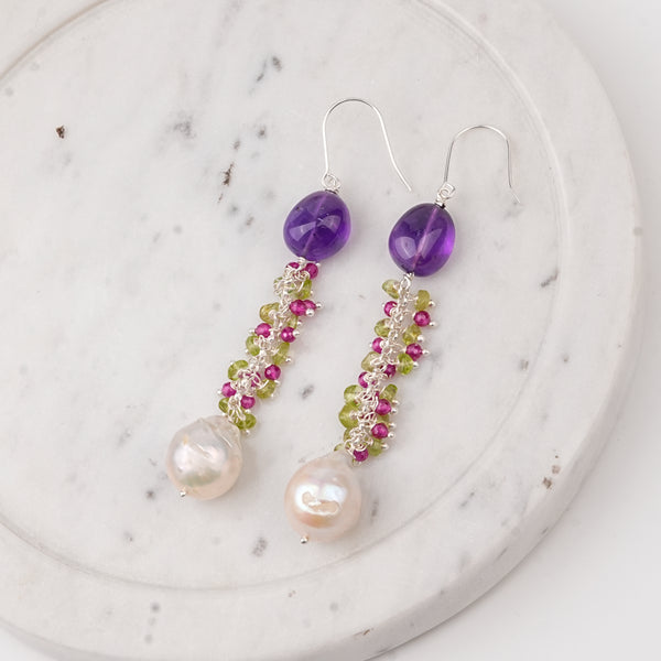 Amethyst, Peridot, Ruby and Baroque Pearl Earrings (Project Handmade)
