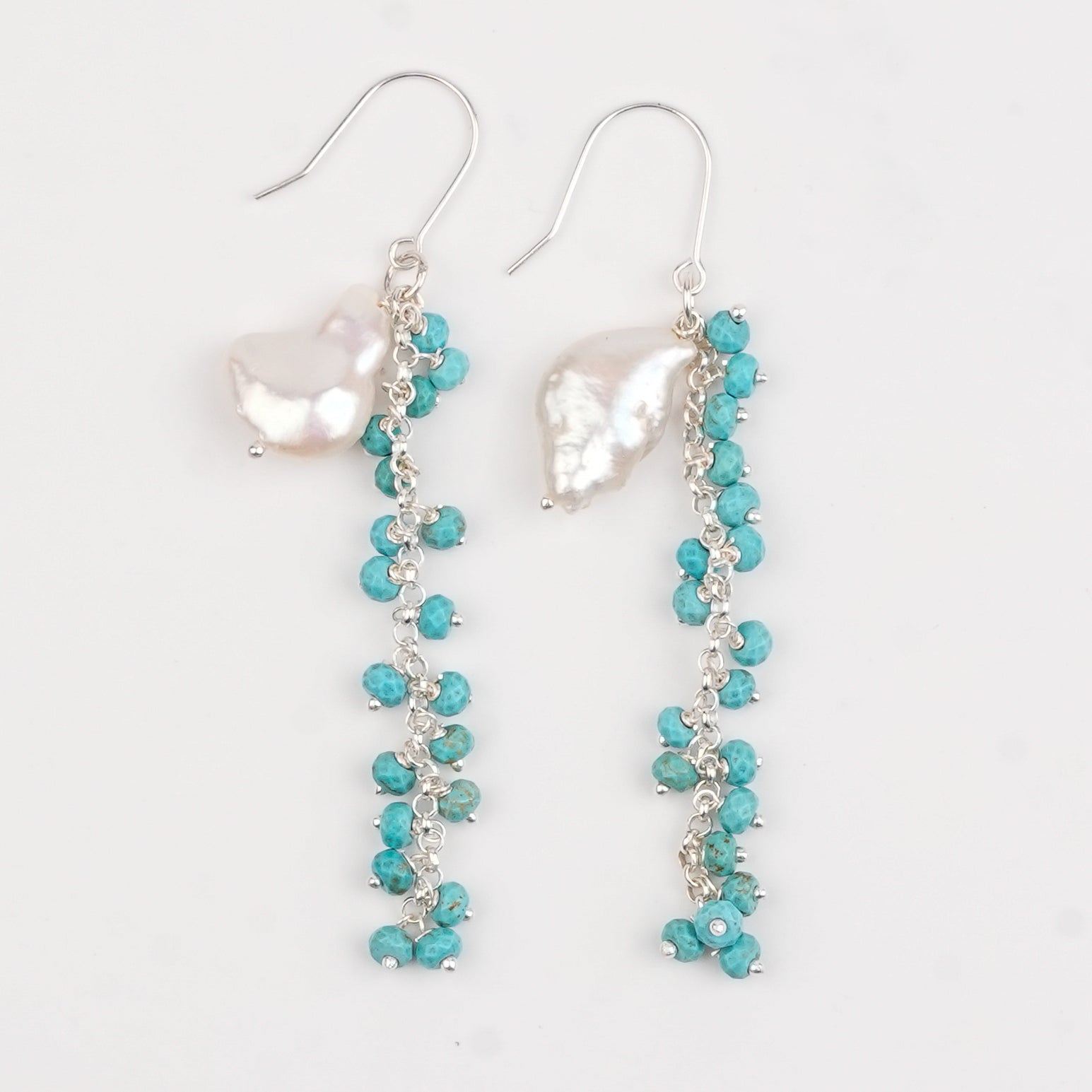 Flat Pearl & Turqouise Vine Earrings (Project Handmade)