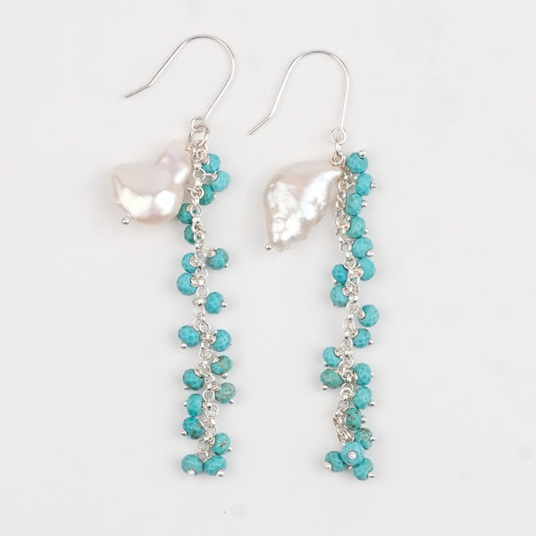 Flat Pearl & Turqouise Vine Earrings (Project Handmade)