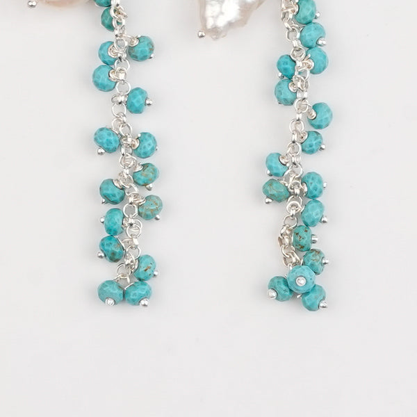 Flat Pearl & Turqouise Vine Earrings (Project Handmade)