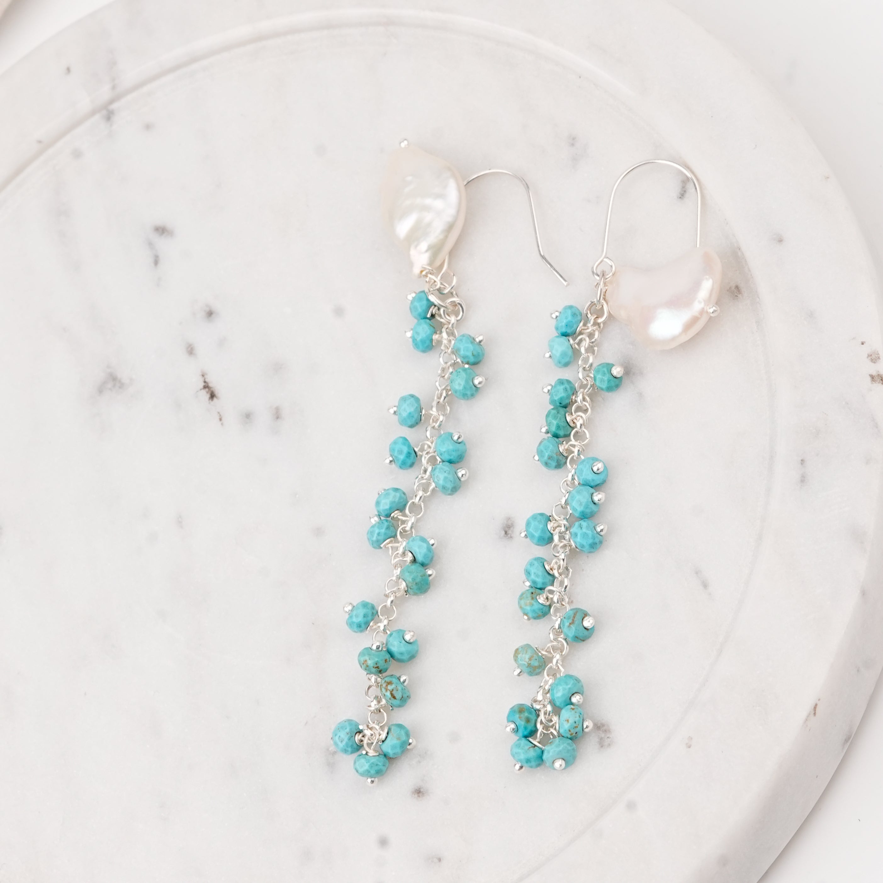 Flat Pearl & Turqouise Vine Earrings (Project Handmade)