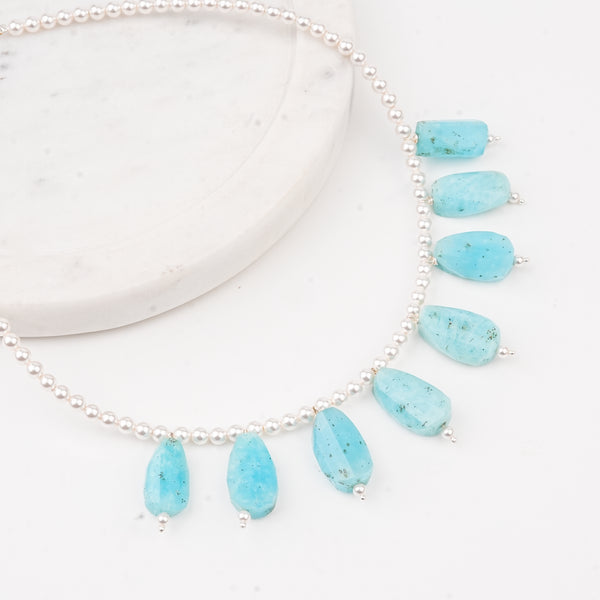 Luxe Necklace - Pearl and Larimar Drops