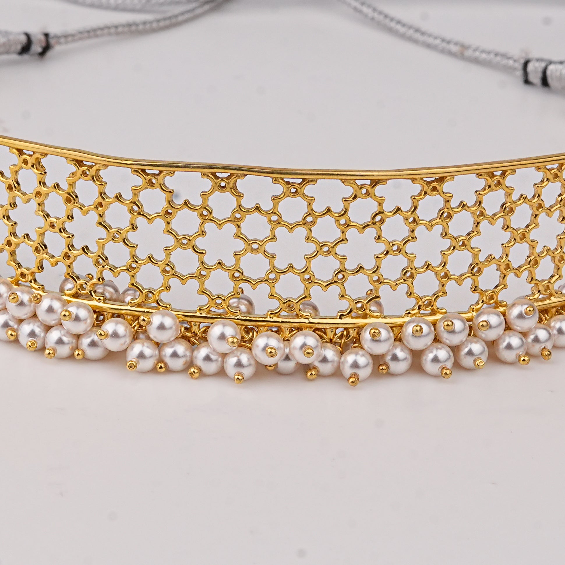 Silver Filigree Choker Set with Pearls | 22K Gold-Plated