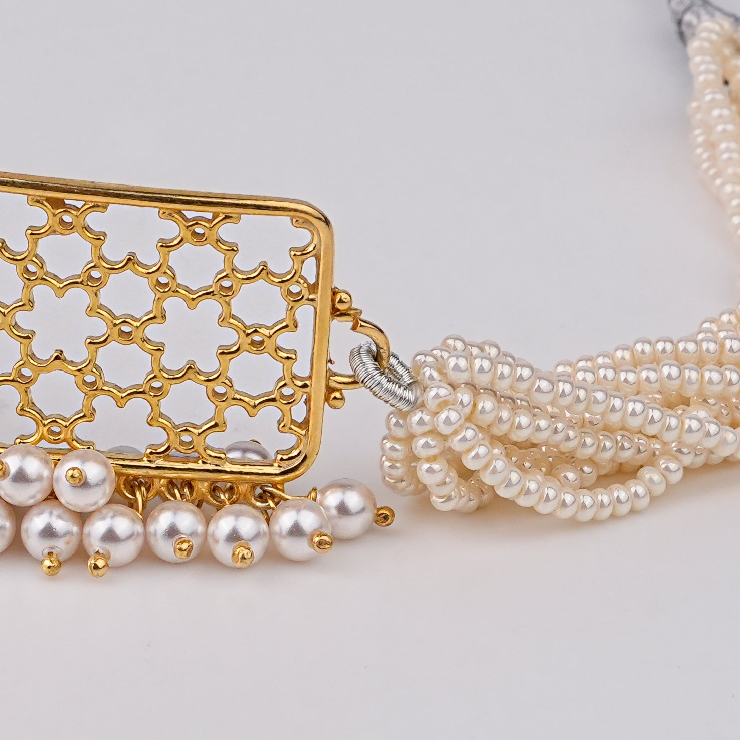 Silver Filigree Choker Set with Pearls | 22K Gold-Plated